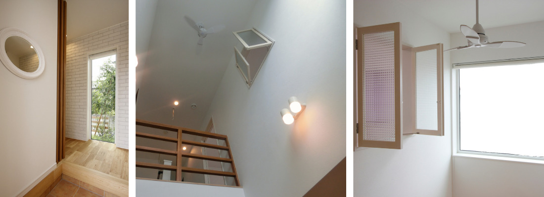 丸いミラーと白タイルがやさしく迎える、明るい玄関ホール。吹抜け越しに小窓が見える、家族の気配を感じられる縦につながる空間。吹抜けに面した室内窓から光と風を取り込む、子ども部屋の一角