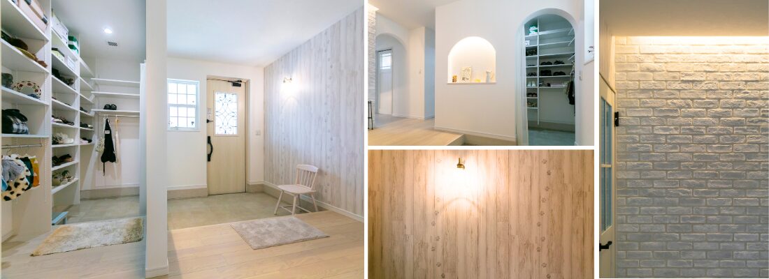 家族用と来客用に動線を分けた、収納力のある明るい玄関空間。アーチ形ニッチがアクセントになった、邸宅のような玄関ホール。陰影が美しい白いタイル壁と、やわらかな間接照明。