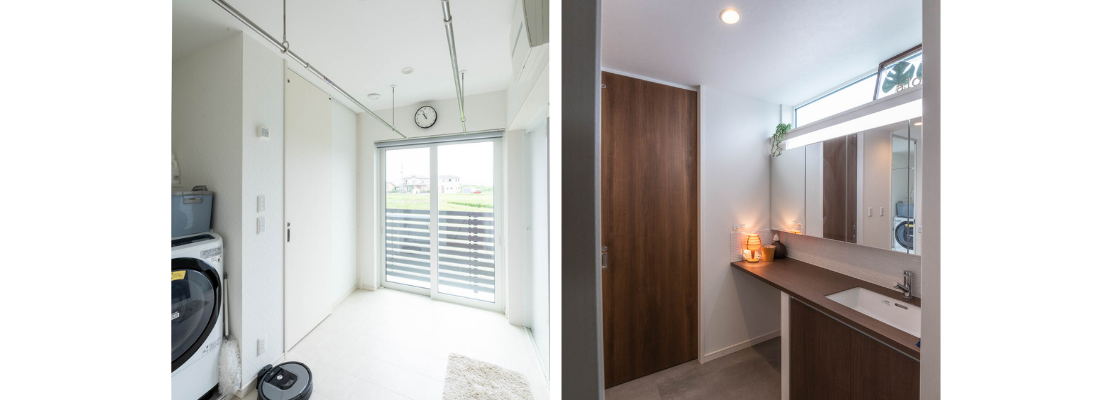部屋干しにも対応した明るいランドリールーム、家事効率を高める動線設計。ホテルライクな雰囲気で仕上げた、来客にも配慮した洗面スペース