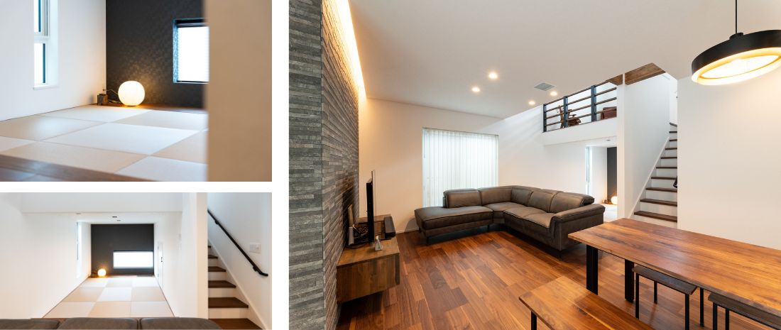 リビングに隣接した、やわらかな光が入るタタミコーナー。吹抜けとスキップフロアで上下につながる、開放感のあるリビング空間