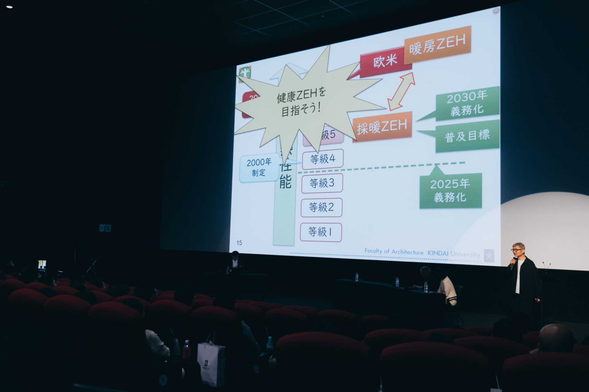 健康ZEHや採暖ZEHの違いを示したスライドを用いて行われた講演の会場全体の様子