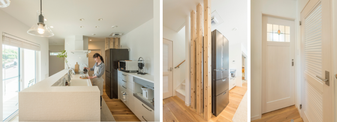 白いタイルカウンターが印象的なキッチンで家事をする、明るく開放的な空間。木の柱でゆるやかに仕切った、キッチンと階段をつなぐ家事ラク動線。ステンドグラスがアクセントになった、ナチュラルテイストの室内ドア。