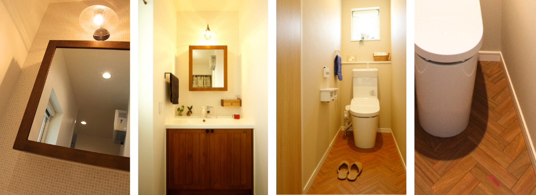 モザイクタイルと木枠ミラーを組み合わせたこだわりの洗面スペース。木製キャビネットとシンプルな照明でまとめたナチュラルな洗面台。ヘリンボーン柄の床がアクセントになった明るく清潔感のあるトイレ。掃除のしやすさも考えたヘリンボーン柄クッションフロアの床デザイン