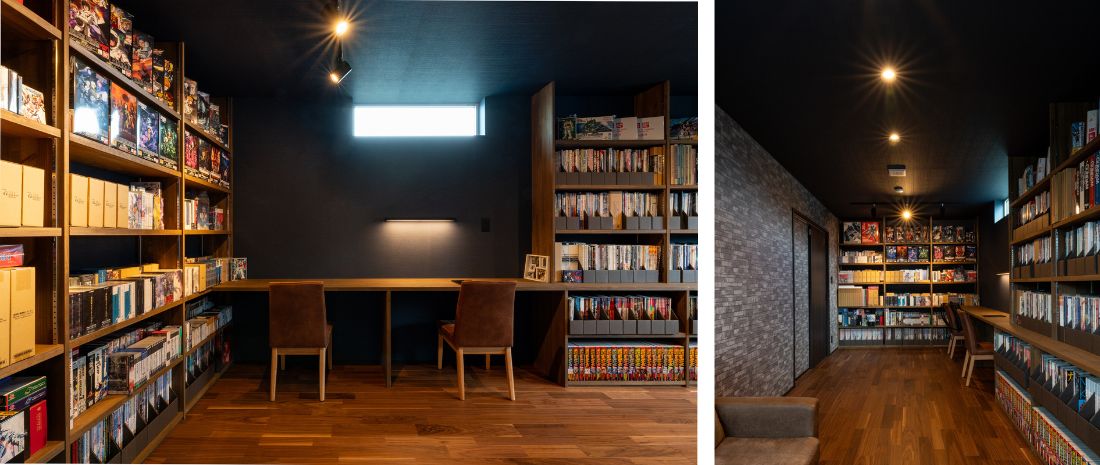 本棚に囲まれた、プラモデルや漫画を楽しめる趣味の書斎。長い本棚とデスクを備えた、落ち着いた照明の趣味空間