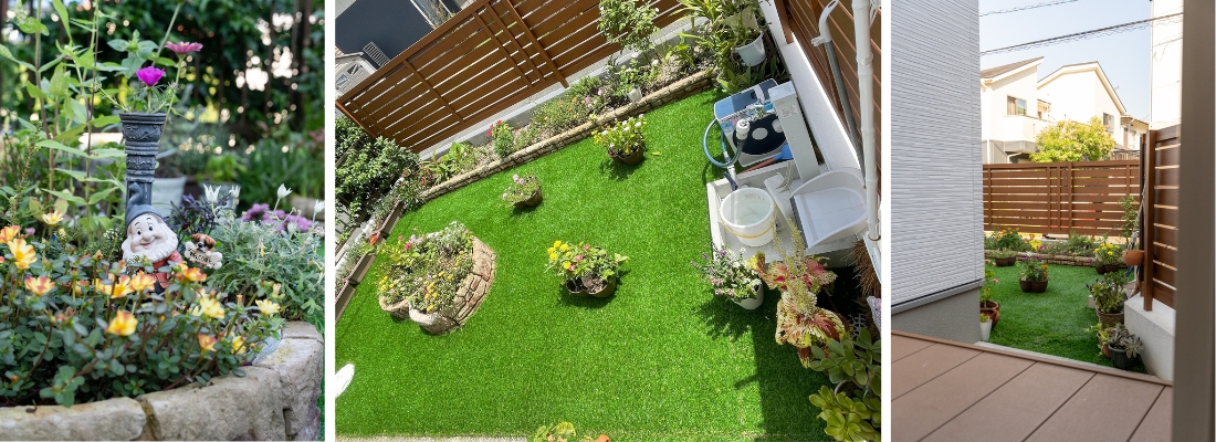 DIYで整えた庭に飾られた、草花とガーデン雑貨のある風景。人工芝と植栽をDIYで仕上げた、手入れのしやすいプライベートガーデン。室内から眺められる、家族で育てていく楽しみのある庭空間