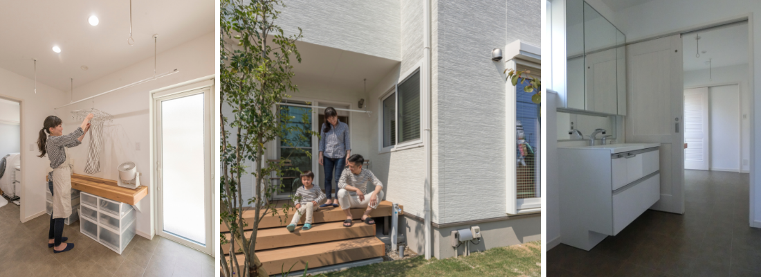 室内干しに対応した、明るく使い勝手の良いランドリールーム。庭につながるウッドデッキでくつろぐ、家族の自然な日常風景。白で統一した清潔感のある洗面室と、使いやすさを考えた収納配置