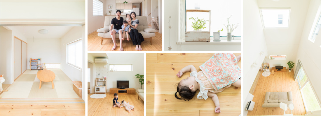縁なし畳と足元採光を取り入れた、リビング続きのモダンなタタミコーナー。明るいリビングのソファに並んで座る家族の穏やかな団らんのひととき。自然光が差し込む窓辺に飾られた、暮らしに彩りを添えるインテリア。吹抜けから光が降り注ぐ、パイン無垢床の開放的なリビング空間。リビングで遊ぶ子どもを見守れる、家族の気配が伝わる間取り。木の温もりを感じる無垢床で、安心してくつろぐ赤ちゃんの様子。吹抜けと大きな窓で明るい、家族が集うリビングの俯瞰ビュー