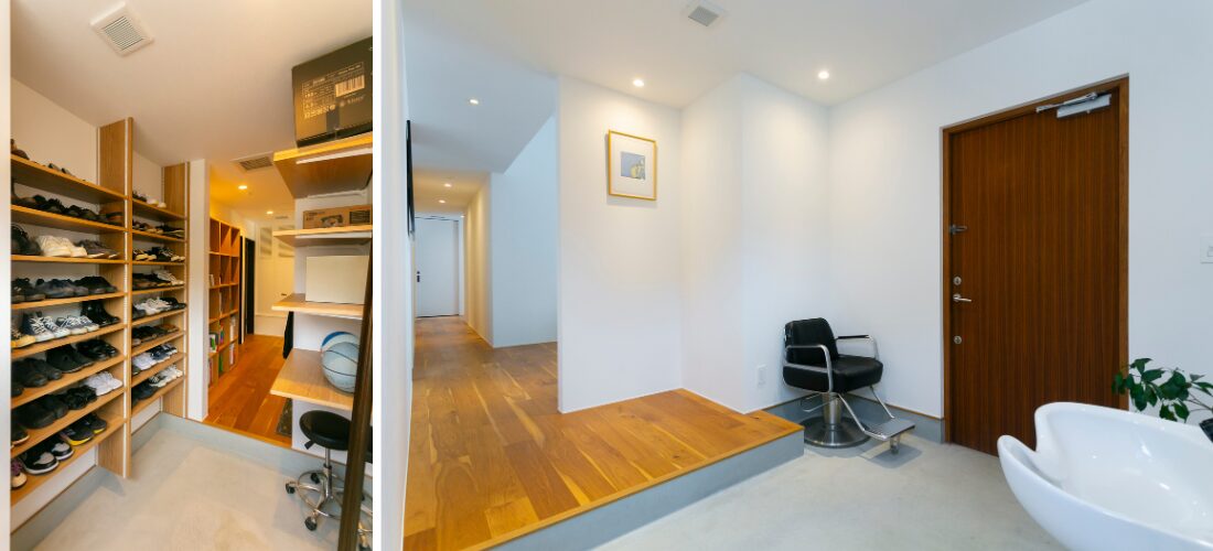 家族用動線に設けた、棚付きの収納スペース。