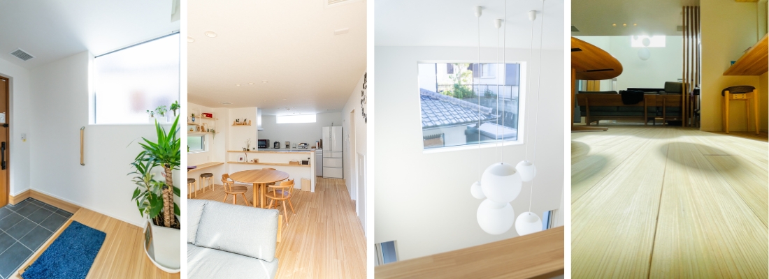 自然光が差し込む、グリーンを取り入れた明るい玄関ホール。吹抜けと無垢床が心地よい、家族が集まる明るいLDK空間。吹抜けに吊るしたペンダント照明と大きな窓が印象的な室内空間。素足で過ごしたくなる、木の質感がやさしい無垢フローリング