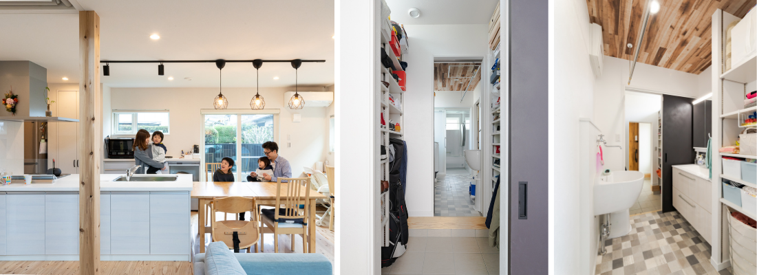 家族が自然と集まる、木の温もりに包まれたダイニングキッチン。玄関から洗面室まで回遊できる、家事ラク動線と大容量収納スペース。使いやすさに配慮した、明るく清潔感のある洗面脱衣室