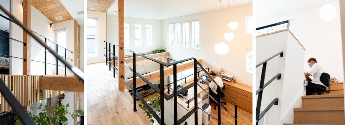 吹抜けとアイアン手摺が特徴的な開放感のあるスキップフロア階段。リビングを見渡せるスキップフロアのワークスペースとペンダント照明。自然光が差し込むスキップフロアで作業に集中するワークスペース