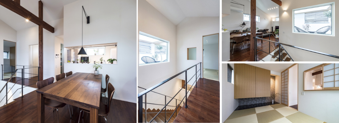 木製テーブルとペンダント照明が調和した、落ち着きのあるダイニング。吹抜けに面した廊下から光を取り込む、明るく開放的な室内動線。2階リビングに隣接した、モダンなデザインのタタミコーナー。室内からつながる広いバルコニーを窓越しに望む開放的な眺め