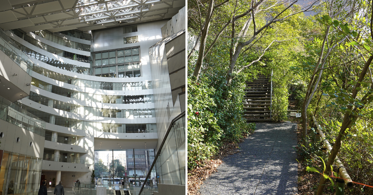 アクロス福岡の館内吹き抜け空間と、屋外のステップガーデンを対比した風景