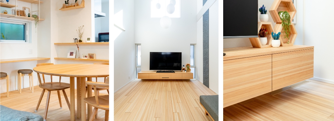 丸テーブルを囲んで家族が向かい合える、温かなダイニングスペース。吹抜けの開放感と造作テレビボードが調和した、明るいリビング。床材に合わせて造作した、木の風合いが美しいテレビボード