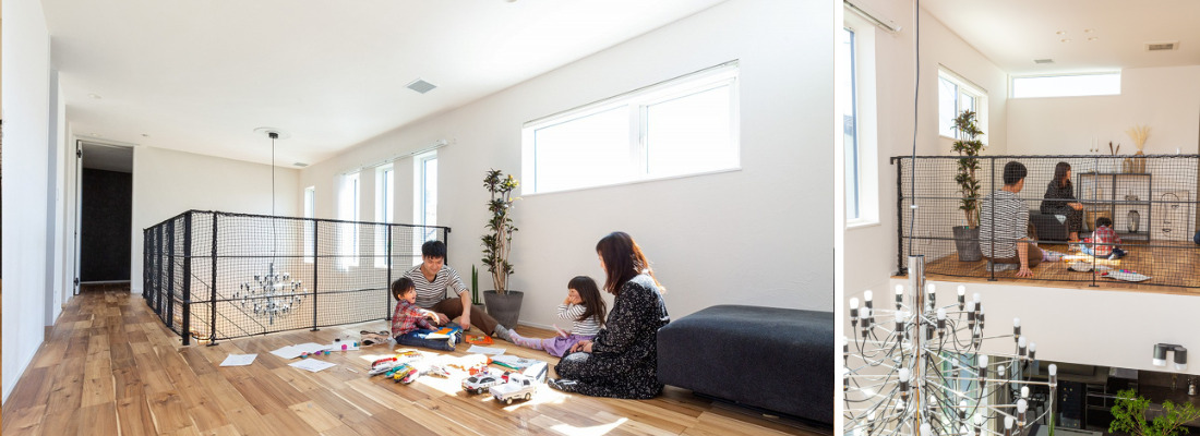 吹抜けに面した2階の多目的スペースで家族が集う明るいフリースペース。アイアン手すりで開放感を高めた、2階の多目的スペースからの眺め