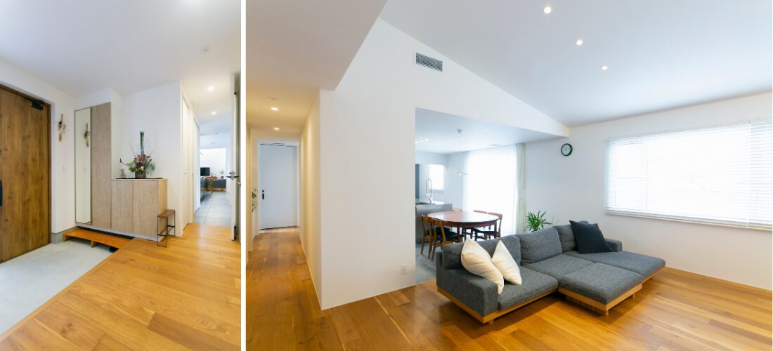 土間と床を切り替えた、家族用動線のある玄関空間。勾配天井の下でくつろげる、シンプルなリビング空間