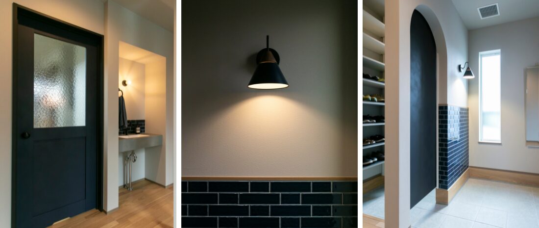 玄関横に設けた、帰宅後すぐ使える手洗いスペース。黒タイル壁と間接照明がつくる、インダストリアルな室内ディテール。玄関から続く、可動棚を備えたシューズクローク