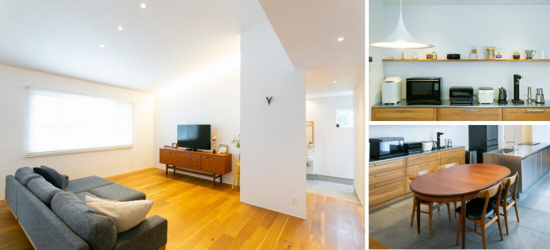 余白を活かしたインテリアが映える、明るいLDK。色数を抑えて整えた、キッチン背面の家電収納。北欧ヴィンテージのテーブルが映えるダイニングスペース。