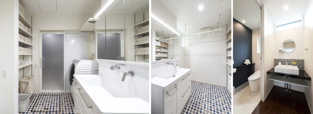 室内干しや収納を考慮した、使い勝手の良いランドリールーム。洗面台を併設した、シンプルモダンで機能的なトイレ空間