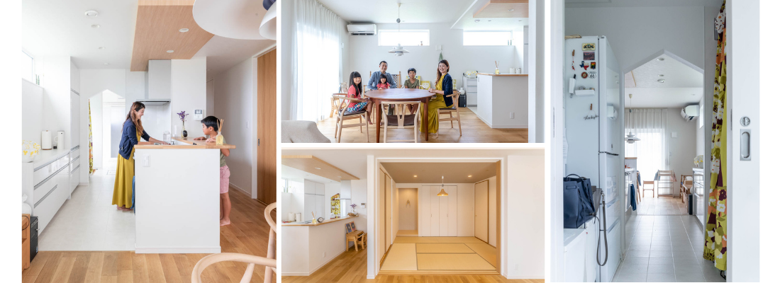 キッチンを囲んで家族が集う、つながりを感じるダイニング空間。家族が同じテーブルを囲む、笑顔が生まれる明るいダイニング。キッチンから水回りへつながる、家事ラクを叶えた回遊動線。リビングに隣接したタタミコーナー、くつろぎと多用途を両立した空間