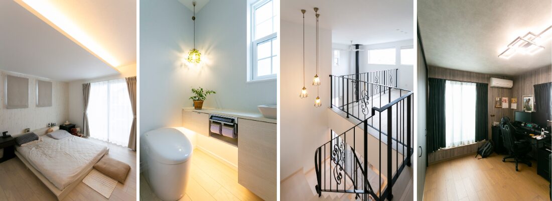 間接照明で落ち着いた雰囲気に整えた主寝室。照明とグリーンで演出した、清潔感のあるトイレ空間。吹抜けに吊るしたペンダント照明が映える階段ホール。落ち着いた照明で集中できる、ご主人の趣味部屋