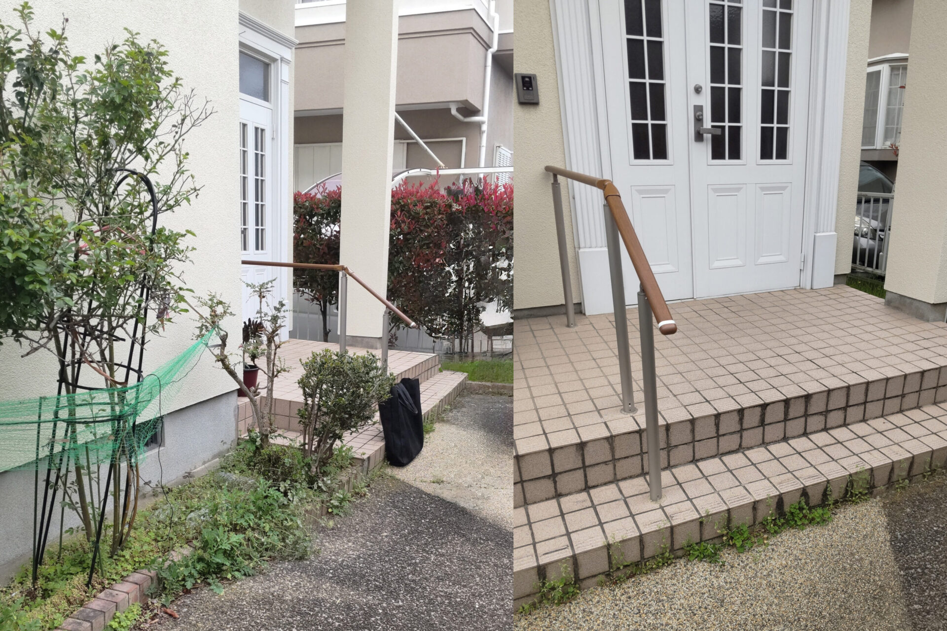 階段のみで昇り降りの負担が大きかった、施工前の玄関アプローチ。段差があり、雨天時の転倒リスクもあった施工前の玄関ポーチ