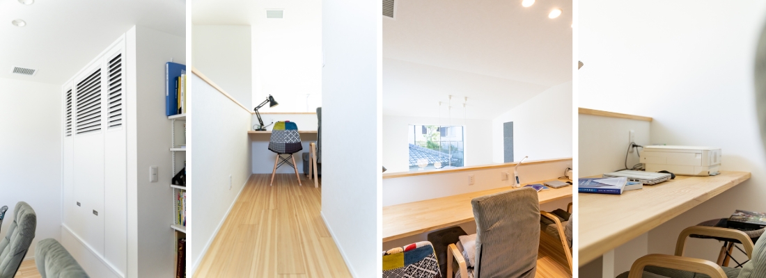 吹抜けに面して設けた、家族の気配を感じられるワークスペース。将来は子どもの学習にも使える、リビングにつながる造作カウンター。