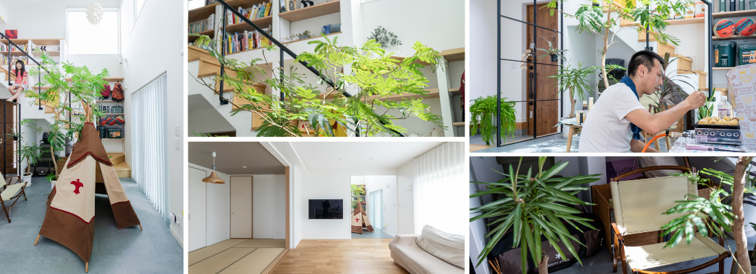 キャンプ用品を楽しめる半屋外のような土間スペース、遊び心あふれる暮らしの拠点。吹抜け空間に観葉植物が映える、光と緑に包まれたオープンな室内。土間スペースで趣味を楽しむ家族の様子、暮らしに遊びを取り入れた住まい。和室とリビングが一体につながる、回遊性のある開放的なLDK