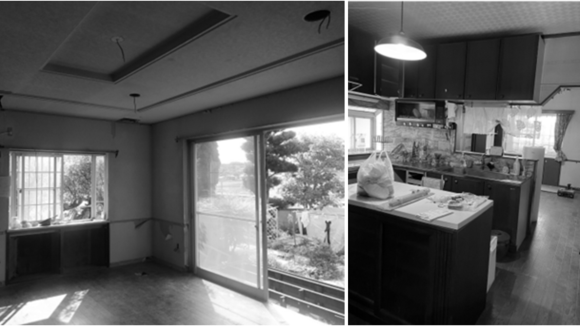 二世帯リノベーション前の、暗さと使いづらさがあった築30年のLDKとキッチン