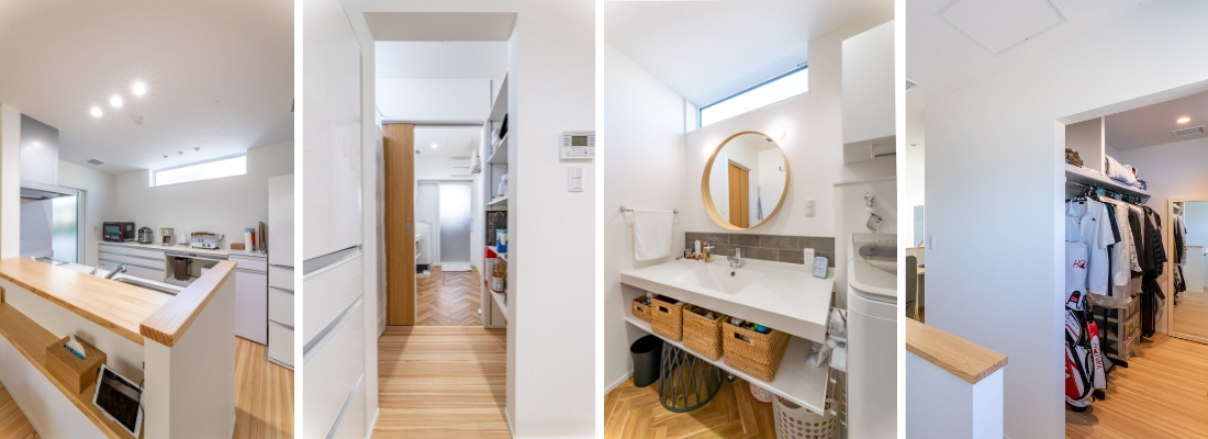 木のカウンターと白を基調にした、家事動線に優れたキッチン。キッチンから洗面・脱衣所へ一直線につながる、家事ラク動線。丸いミラーと造作カウンターを備えた、明るく使いやすい洗面脱衣所。家族で使いやすい、動線を考えたウォークインクローゼット
