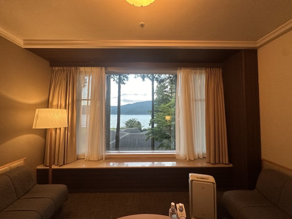 客室の大きな窓から見える芦ノ湖と木々の風景。室内にはソファやスタンドライトが置かれ、落ち着いた空間を演出