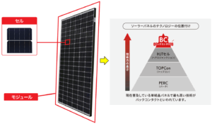 太陽光パネルがセルで構成され、その中でBCセルが高性能であることを示した模式図