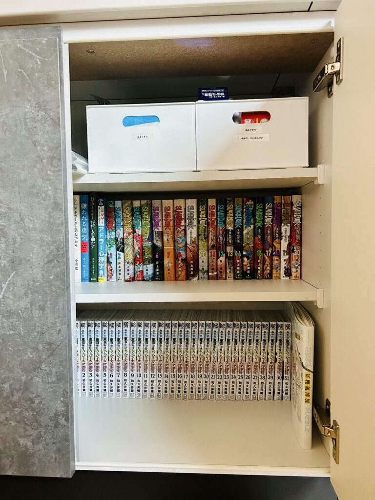 キッチンのダイニング側収納に、本や書類、薬類を用途別に整理して収めている実例