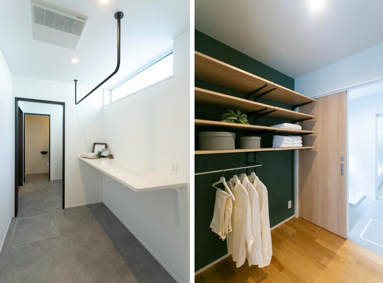 洗濯物をたたむ作業カウンターを備えた、家事効率を高めるユーティリティスペース