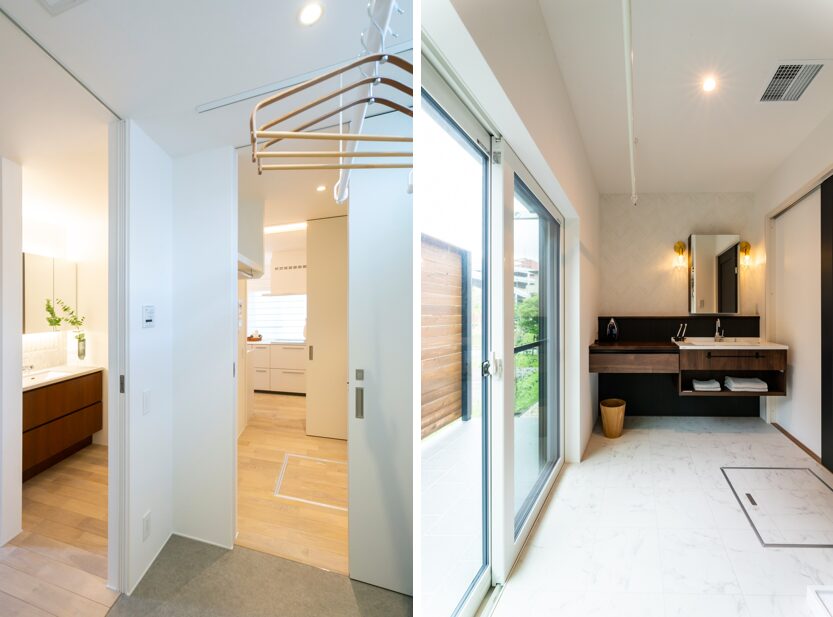 物干し・洗濯・収納を一か所にまとめたランドリールーム兼ユーティリティのある洗面空間