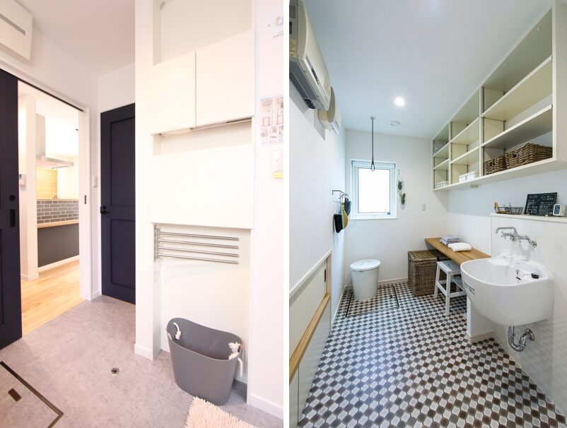 洗面室から外部へつながる動線を確保した、明るく開放的なユーティリティ空間