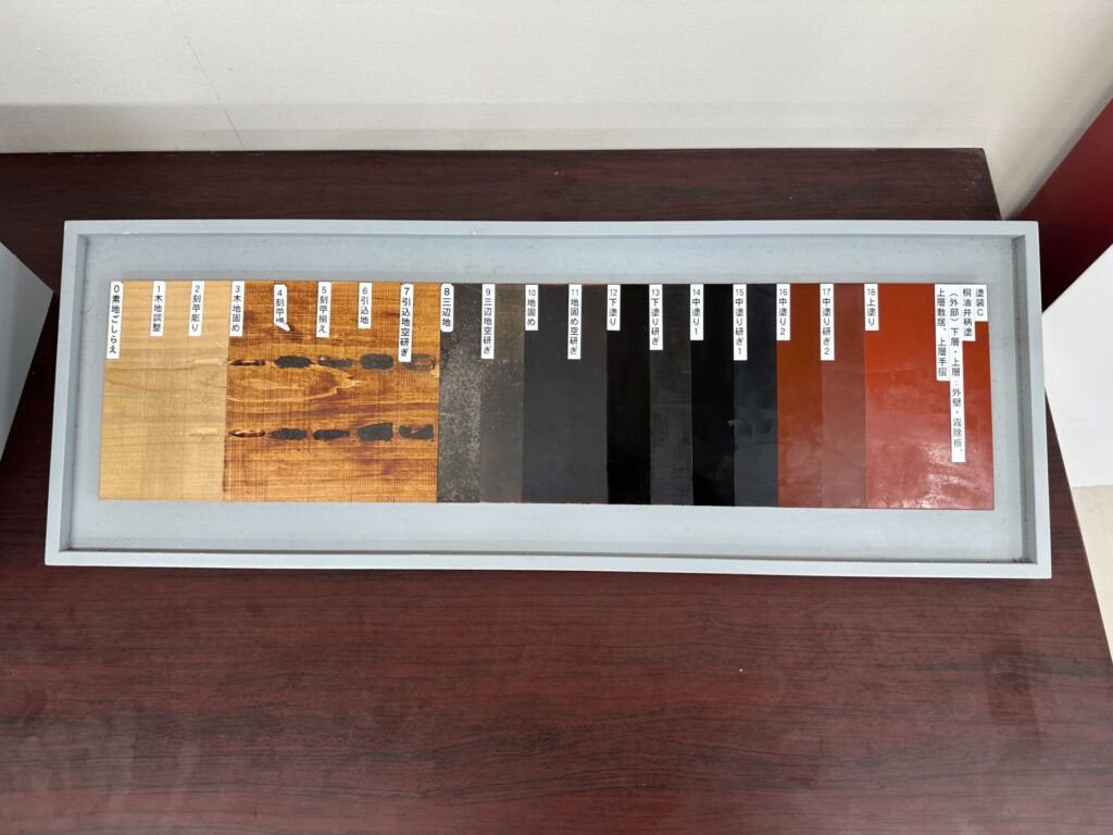 復元工事で使われる首里城正殿の塗装工程見本