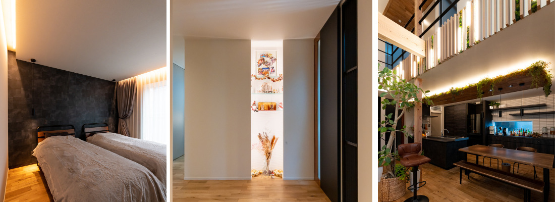 間接照明とペンダント照明で落ち着いた雰囲気に仕上げたシンプルな寝室。スポット照明で演出された玄関正面のニッチとディスプレイスペース。間接照明とタイル壁が映える造作キッチンと作業しやすいカウンター