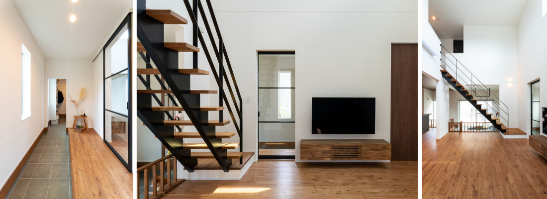 土間玄関からリビングへとつながる、明るく開放的な室内動線。スケルトン階段と吹抜けが開放感を演出する、木の温もりあるリビング。大きな窓と無垢床が心地よい、家族と愛犬が集う広々としたLDK