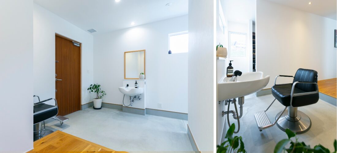 家族の散髪にも使える、シンクを備えた土間スペース