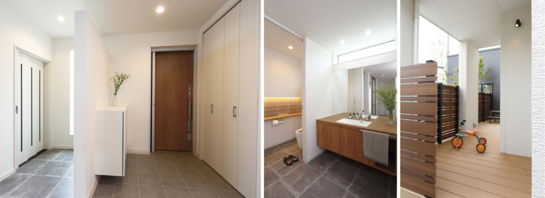 引き戸を採用した、広々と使える土間玄関と収納スペース。木目カウンターと間接照明で上質感を演出した洗面スペース。玄関横に設けた、子どもが安心して遊べるウッドデッキ空間