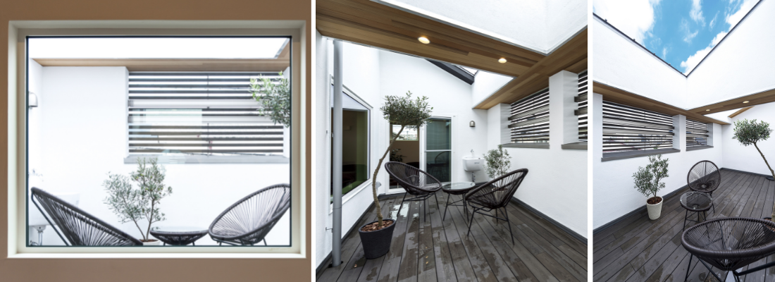 高い壁で囲まれたプライベート感のある広々としたバルコニー空間。空を切り取るように設計された、抜け感のあるバルコニーと青空。洗面脱衣所とランドリールームを兼ねた、家事動線に優れた水まわり空間