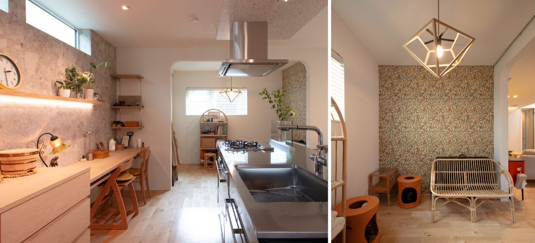 収納とカウンターが連続する、明るく整ったキッチン空間。曲線の壁と柄クロスがやさしく包む、キッチン横のプライベートサロン